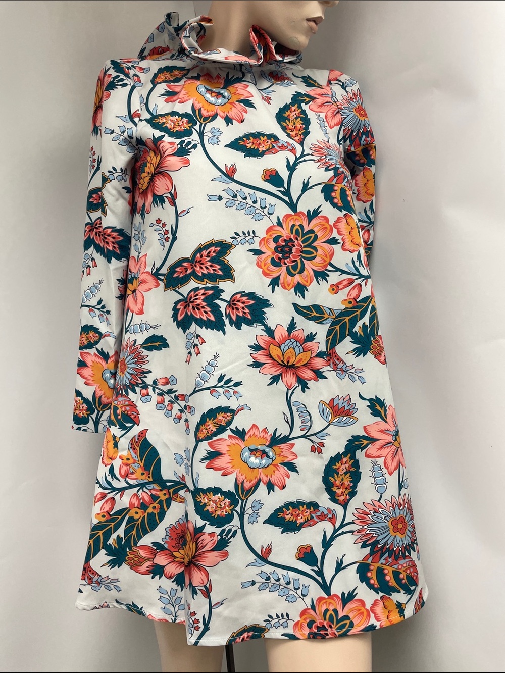 Tuckernuck White Mini Dress with Coral, Teal & Yellow Floral Print, Size XXS